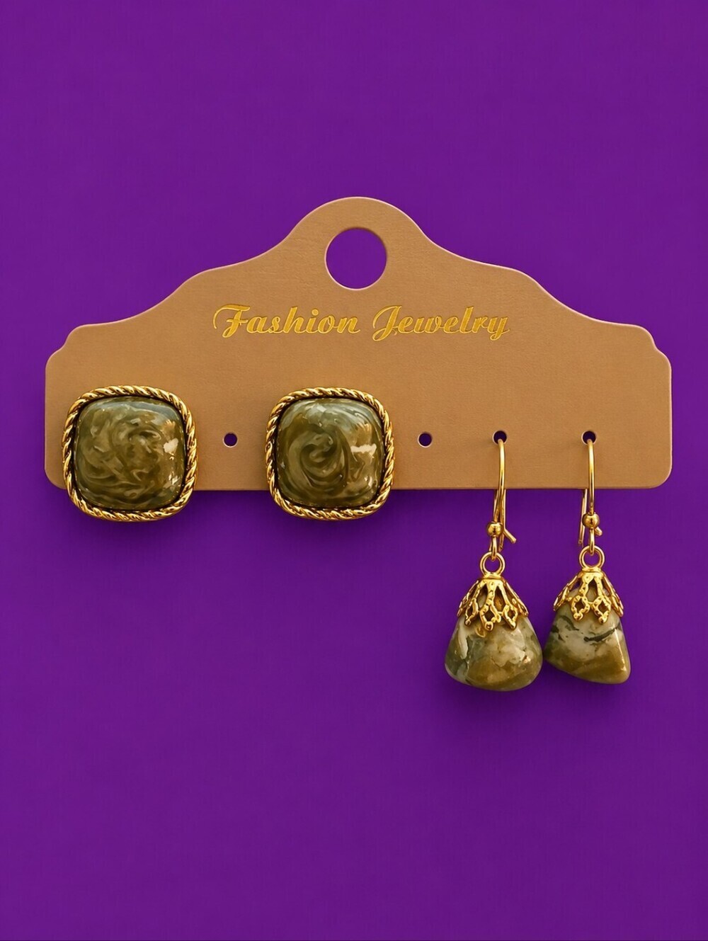 3/$30 Vintage Olive Green Square Post Earrings and Serpentine Dangle Earrings